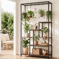6-Tier Tall Indoor Plant Stand with Hanging Hooks and Wooden Shelves for Indoor Outdoor Use