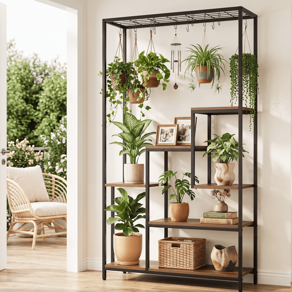 6-Tier Tall Indoor Plant Stand with Hanging Hooks and Wooden Shelves for Indoor Outdoor Use - Home & Garden > Artificial Plants > Pots, Planters & Accessories - Rivercity House & Home Co. (ABN 18 642 972 209) - Affordable Modern Furniture Australia