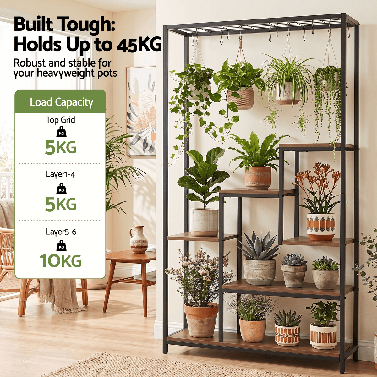 6-Tier Tall Indoor Plant Stand with Hanging Hooks and Wooden Shelves for Indoor Outdoor Use - Home & Garden > Artificial Plants > Pots, Planters & Accessories - Rivercity House & Home Co. (ABN 18 642 972 209) - Affordable Modern Furniture Australia