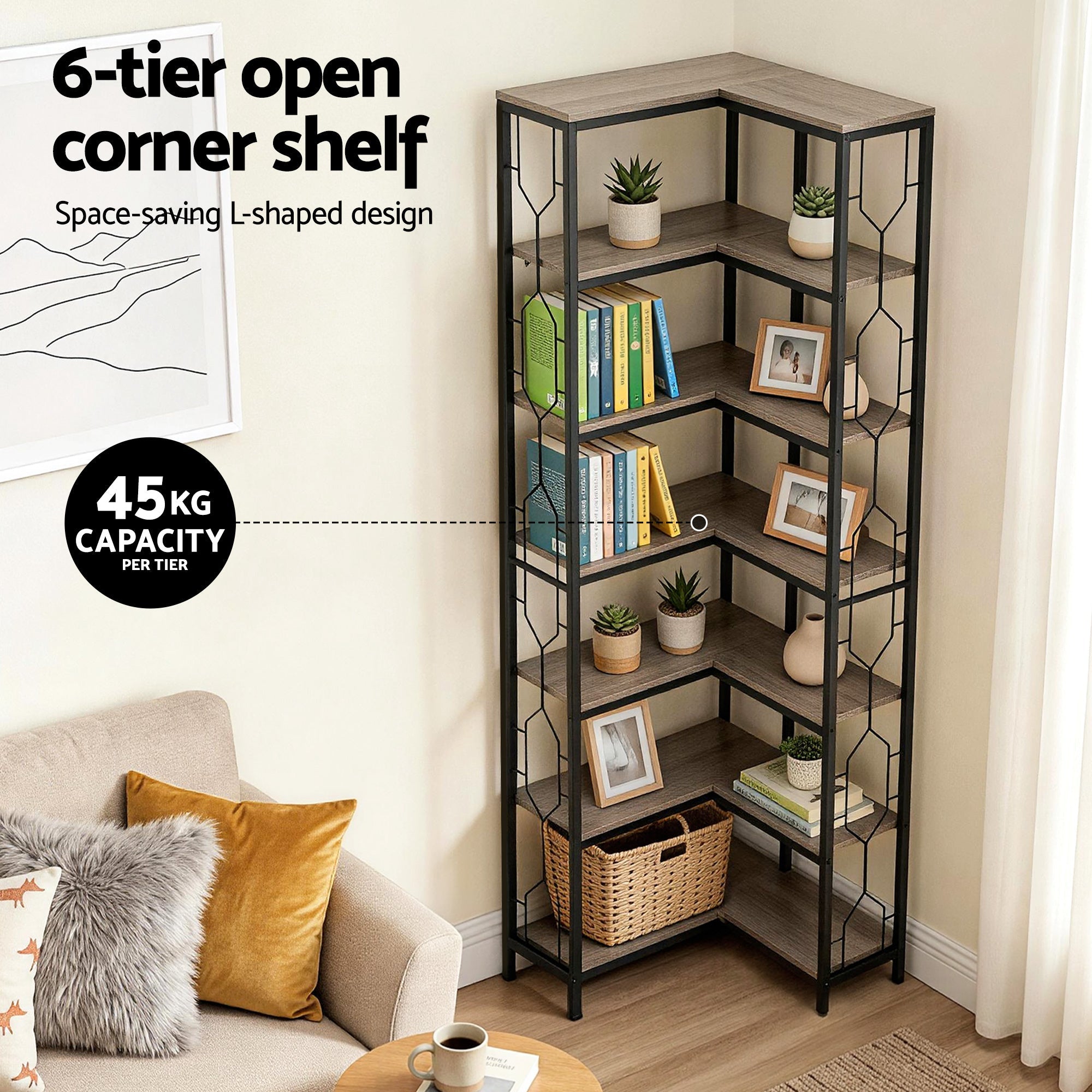 6 Tiers Bookshelf Corner Shelf Bookcase Display Shelves Oak - Furniture > Living Room > Bookcases & Shelves - Rivercity House & Home Co. (ABN 18 642 972 209) - Affordable Modern Furniture Australia