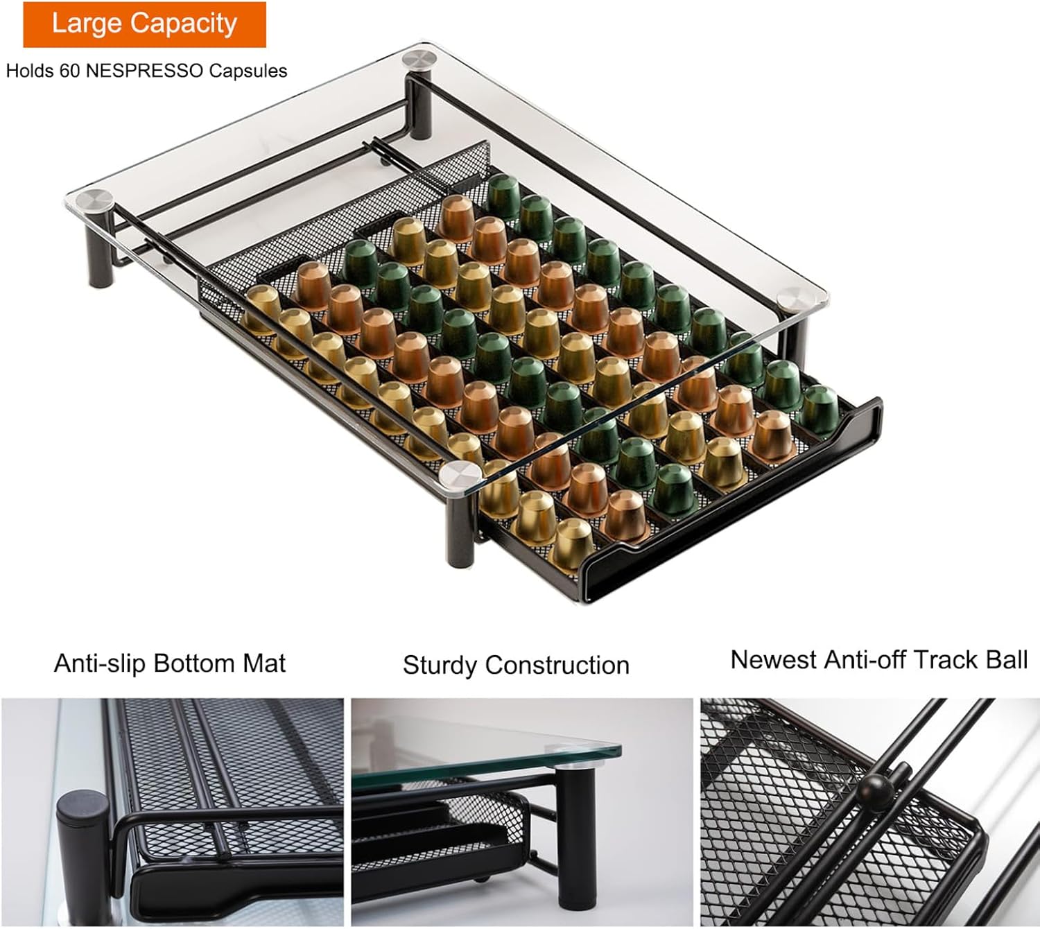 60 Coffee Pod Holder Drawer with Tempered Glass Capsule Organizer for Nespresso Pods and Sliding Drawer for Kitchen Countertop - Appliances > Kitchen Appliances > Kitchen Appliance Accessories - Rivercity House & Home Co. (ABN 18 642 972 209) - Affordable Modern Furniture Australia
