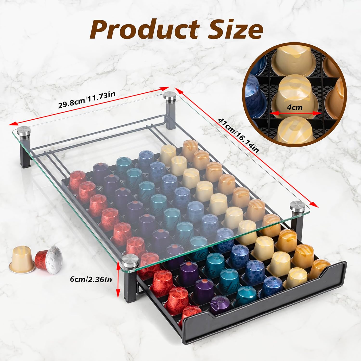 60 Coffee Pod Holder Drawer with Tempered Glass Capsule Organizer for Nespresso Pods and Sliding Drawer for Kitchen Countertop - Appliances > Kitchen Appliances > Kitchen Appliance Accessories - Rivercity House & Home Co. (ABN 18 642 972 209) - Affordable Modern Furniture Australia