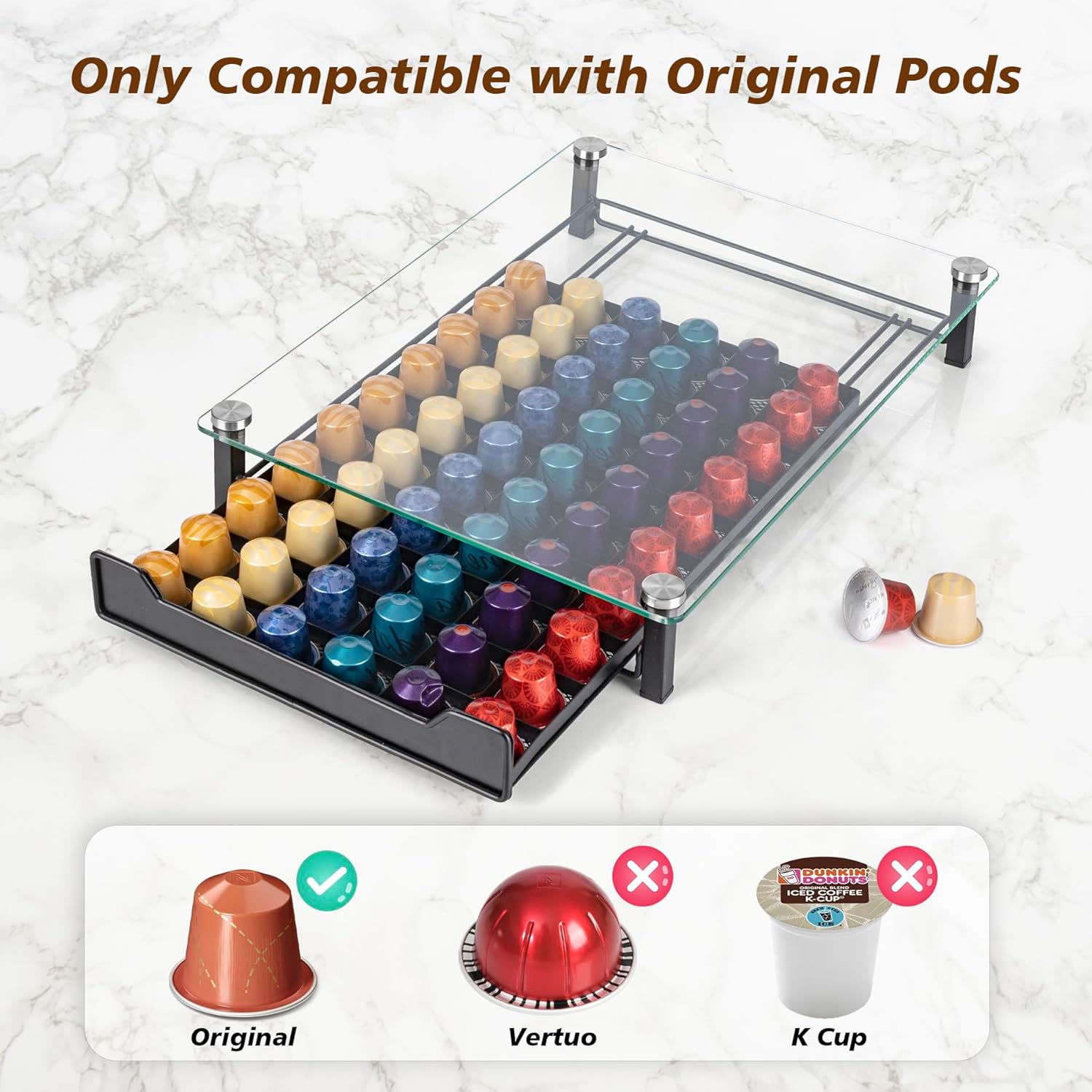60 Coffee Pod Holder Drawer with Tempered Glass Capsule Organizer for Nespresso Pods and Sliding Drawer for Kitchen Countertop - Appliances > Kitchen Appliances > Kitchen Appliance Accessories - Rivercity House & Home Co. (ABN 18 642 972 209) - Affordable Modern Furniture Australia