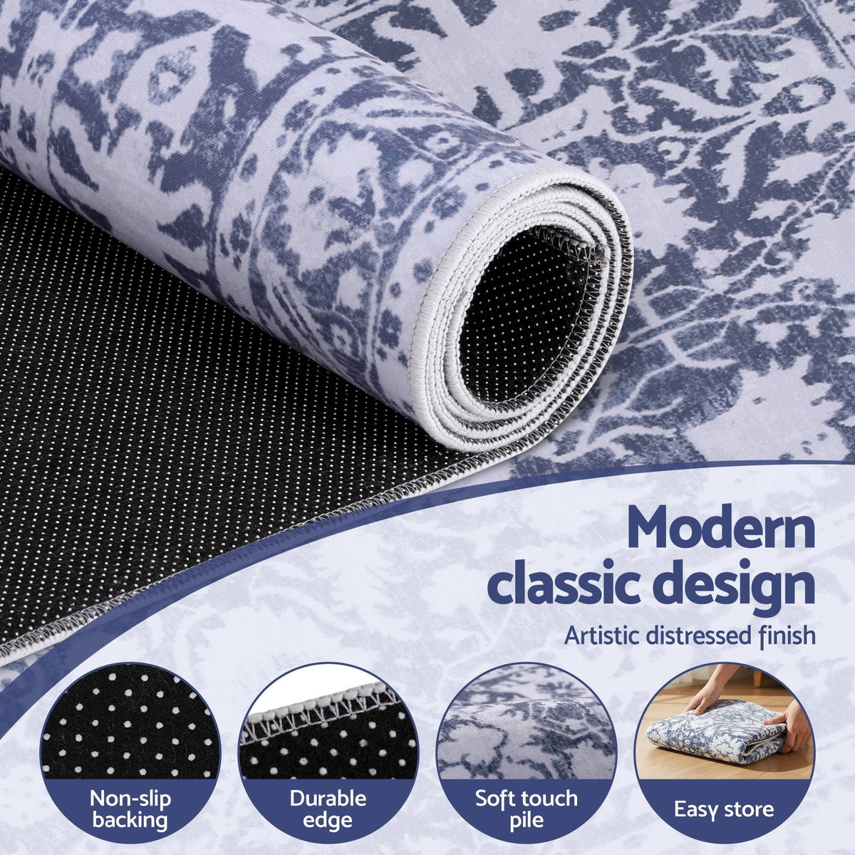 60 x 300 cm Runner Rug with Pad-Free Dense Dot Anti-Slip Backing, Washable, Robot Vacuum Friendly, Vintage Style - Home & Garden > Rugs > Round Rugs - Rivercity House & Home Co. (ABN 18 642 972 209) - Affordable Modern Furniture Australia