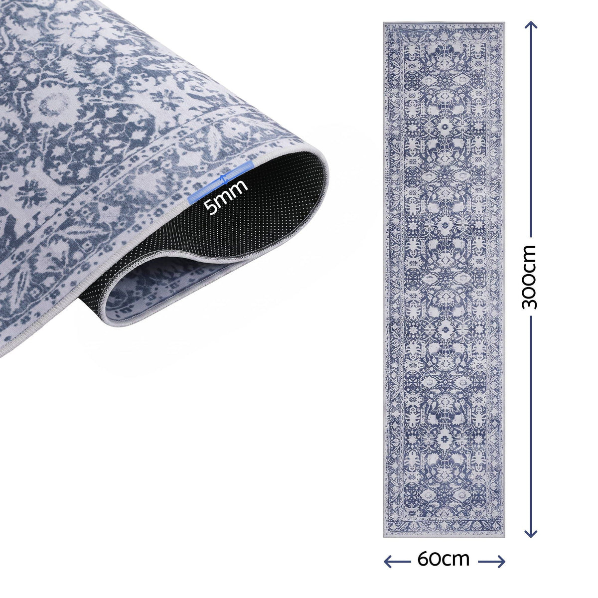 60 x 300 cm Runner Rug with Pad-Free Dense Dot Anti-Slip Backing, Washable, Robot Vacuum Friendly, Vintage Style - Home & Garden > Rugs > Round Rugs - Rivercity House & Home Co. (ABN 18 642 972 209) - Affordable Modern Furniture Australia