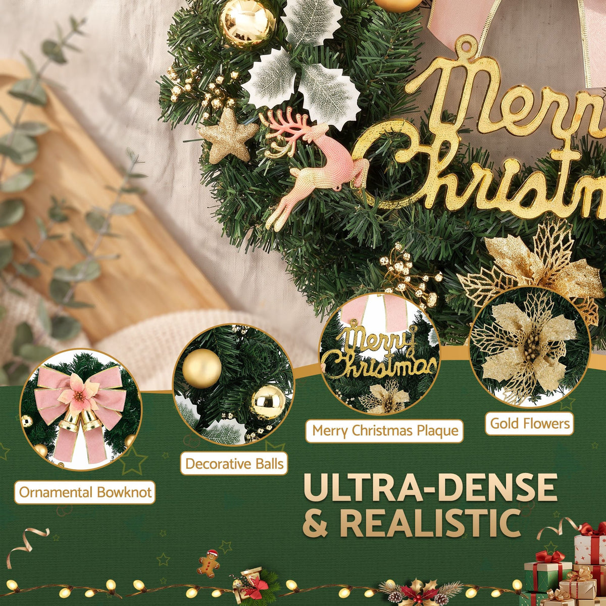 60CM Christmas Wreath Garland with Flowers and Baubles - Green - Occasions > Christmas > Christmas Wreaths & Garlands - Rivercity House & Home Co. (ABN 18 642 972 209) - Affordable Modern Furniture Australia