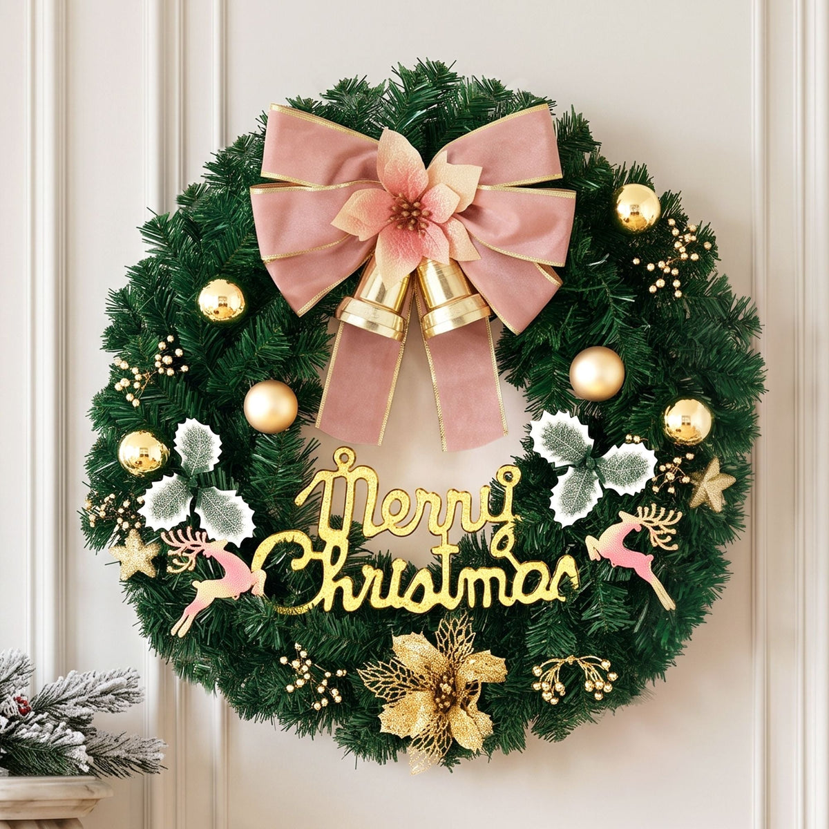 60CM Christmas Wreath Garland with Flowers and Baubles - Green - Occasions > Christmas > Christmas Wreaths & Garlands - Rivercity House & Home Co. (ABN 18 642 972 209) - Affordable Modern Furniture Australia