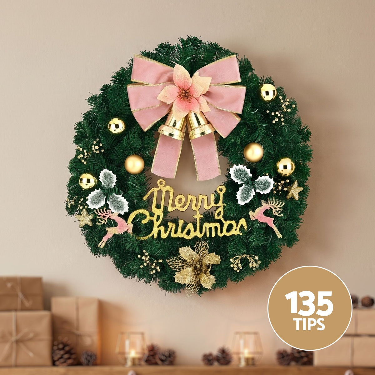60CM Christmas Wreath Garland with Flowers and Baubles - Green - Occasions > Christmas > Christmas Wreaths & Garlands - Rivercity House & Home Co. (ABN 18 642 972 209) - Affordable Modern Furniture Australia