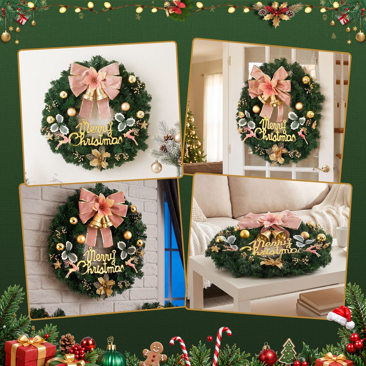 60CM Christmas Wreath Garland with Flowers and Baubles - Green - Occasions > Christmas > Christmas Wreaths & Garlands - Rivercity House & Home Co. (ABN 18 642 972 209) - Affordable Modern Furniture Australia