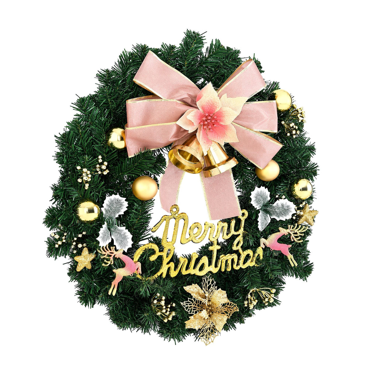 60CM Christmas Wreath Garland with Flowers and Baubles - Green - Occasions > Christmas > Christmas Wreaths & Garlands - Rivercity House & Home Co. (ABN 18 642 972 209) - Affordable Modern Furniture Australia