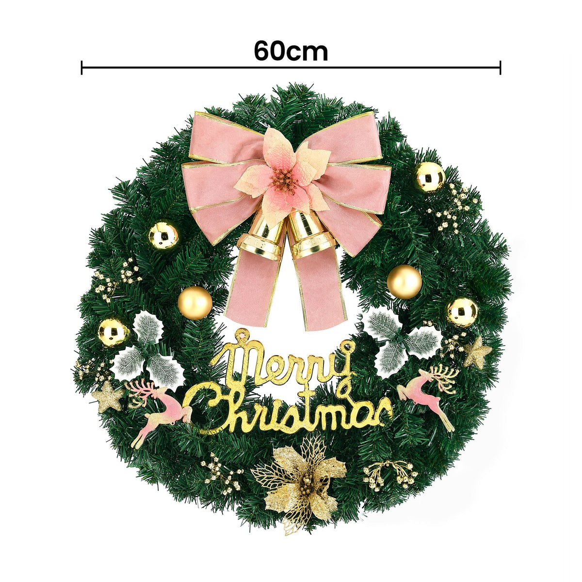 60CM Christmas Wreath Garland with Flowers and Baubles - Green - Occasions > Christmas > Christmas Wreaths & Garlands - Rivercity House & Home Co. (ABN 18 642 972 209) - Affordable Modern Furniture Australia