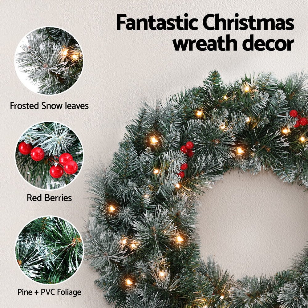 60cm Christmas Wreath LED Lights Snowy Berries Garland Party Decor - Occasions > Christmas > Christmas Wreaths & Garlands - Rivercity House & Home Co. (ABN 18 642 972 209) - Affordable Modern Furniture Australia