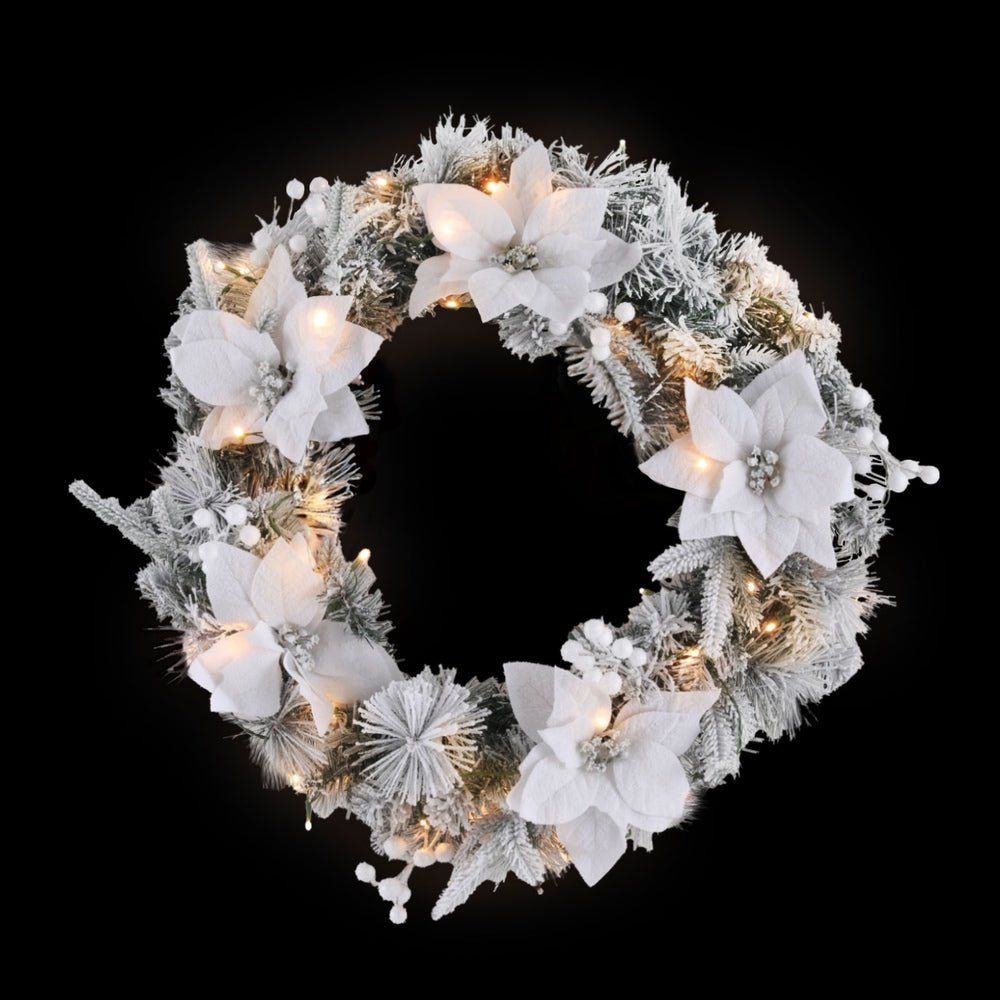 60cm Christmas Wreath LED Lights Snowy Flowers Garland Party Decor - Occasions > Christmas > Christmas Wreaths & Garlands - Rivercity House & Home Co. (ABN 18 642 972 209) - Affordable Modern Furniture Australia