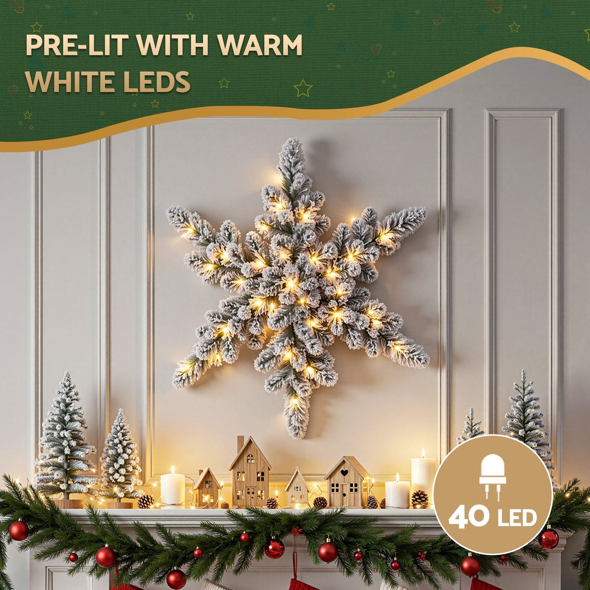 60cm Flocked Snowflake Christmas Wreath Garland Pre-Lit 40 LED Light Decor - Occasions > Christmas > Christmas Wreaths & Garlands - Rivercity House & Home Co. (ABN 18 642 972 209) - Affordable Modern Furniture Australia