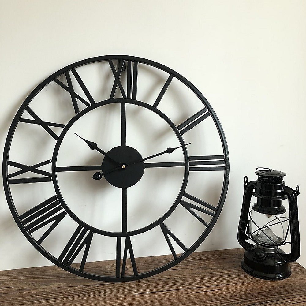 60cm Industrial Large Round Wall Clock with Roman Numerals - Black & Gold - Home & Garden > Decor > Clocks - Rivercity House & Home Co. (ABN 18 642 972 209) - Affordable Modern Furniture Australia