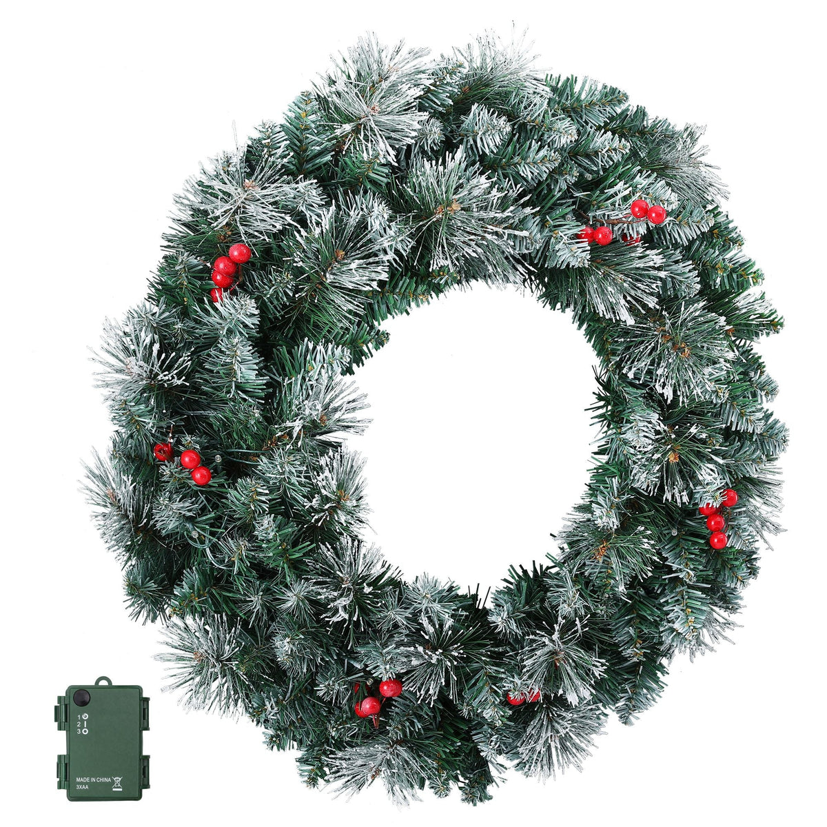 60cm Pre-lit Christmas Wreath with LED Lights and Snowy Berries - Red - Occasions > Christmas > Christmas Wreaths & Garlands - Rivercity House & Home Co. (ABN 18 642 972 209) - Affordable Modern Furniture Australia