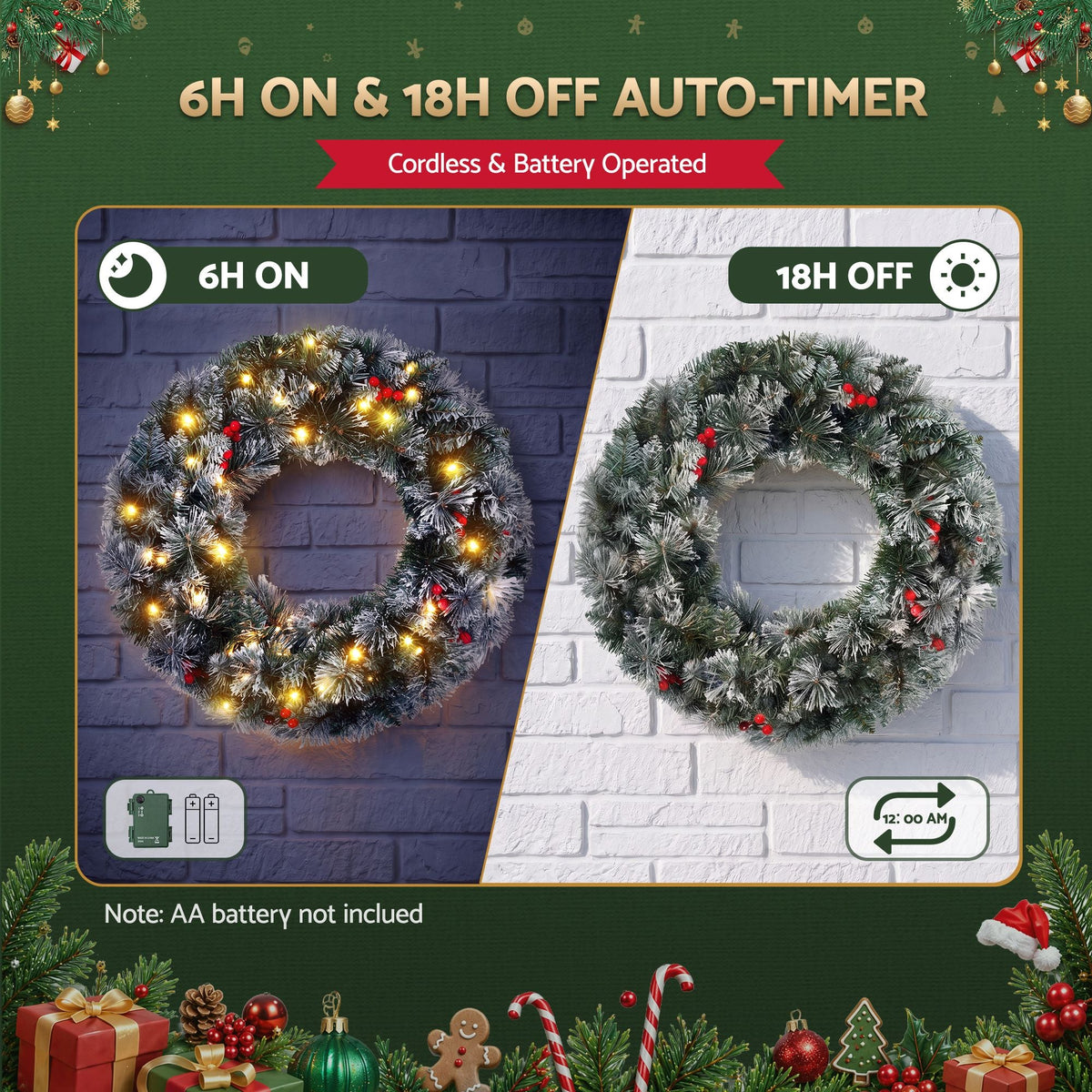 60cm Pre-lit Christmas Wreath with LED Lights and Snowy Berries - Red - Occasions > Christmas > Christmas Wreaths & Garlands - Rivercity House & Home Co. (ABN 18 642 972 209) - Affordable Modern Furniture Australia
