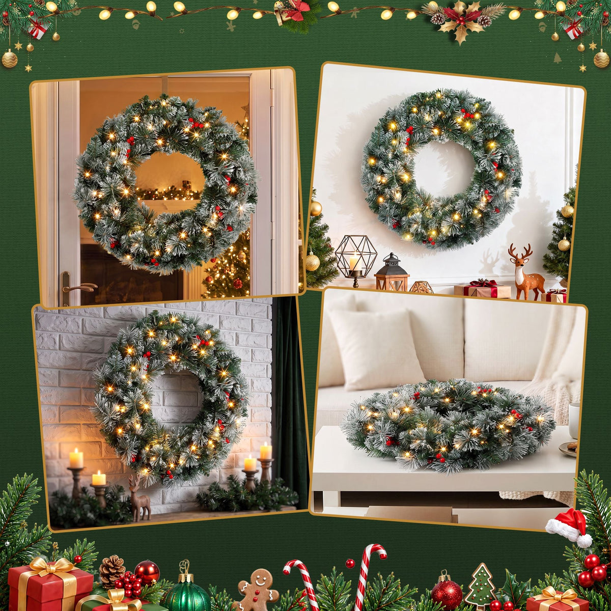 60cm Pre-lit Christmas Wreath with LED Lights and Snowy Berries - Red - Occasions > Christmas > Christmas Wreaths & Garlands - Rivercity House & Home Co. (ABN 18 642 972 209) - Affordable Modern Furniture Australia