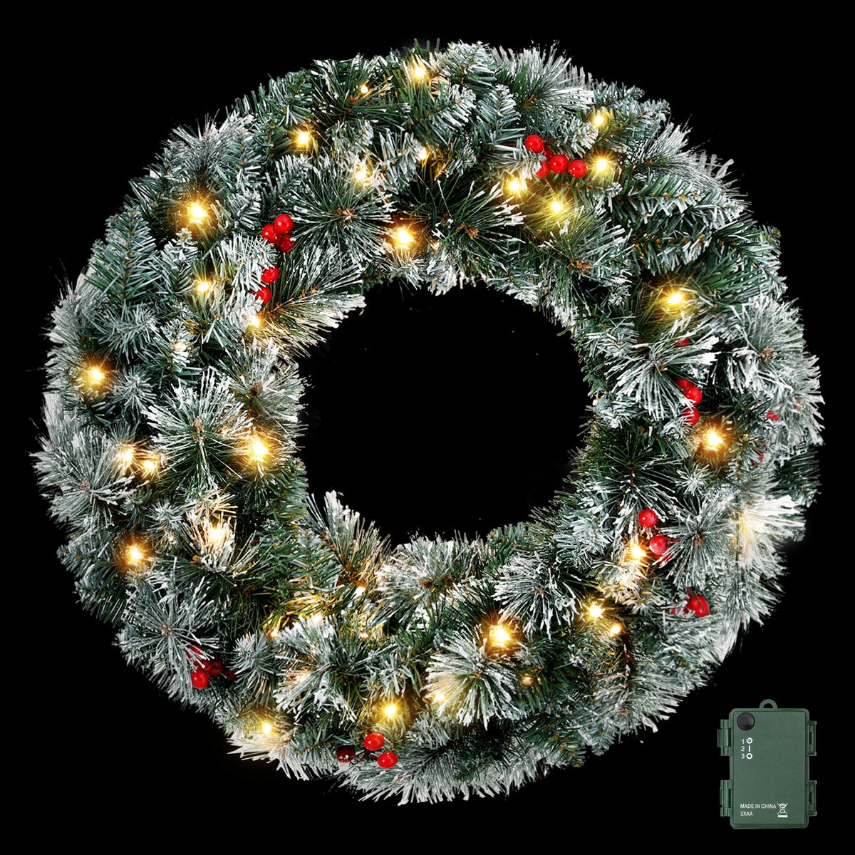 60cm Pre-lit Christmas Wreath with LED Lights and Snowy Berries - Red - Occasions > Christmas > Christmas Wreaths & Garlands - Rivercity House & Home Co. (ABN 18 642 972 209) - Affordable Modern Furniture Australia
