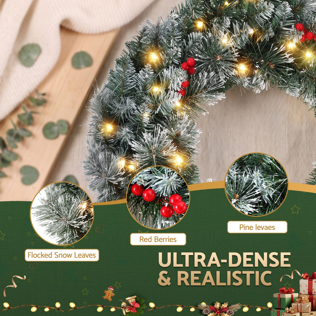 60cm Pre-lit Christmas Wreath with LED Lights and Snowy Berries - Red - Occasions > Christmas > Christmas Wreaths & Garlands - Rivercity House & Home Co. (ABN 18 642 972 209) - Affordable Modern Furniture Australia
