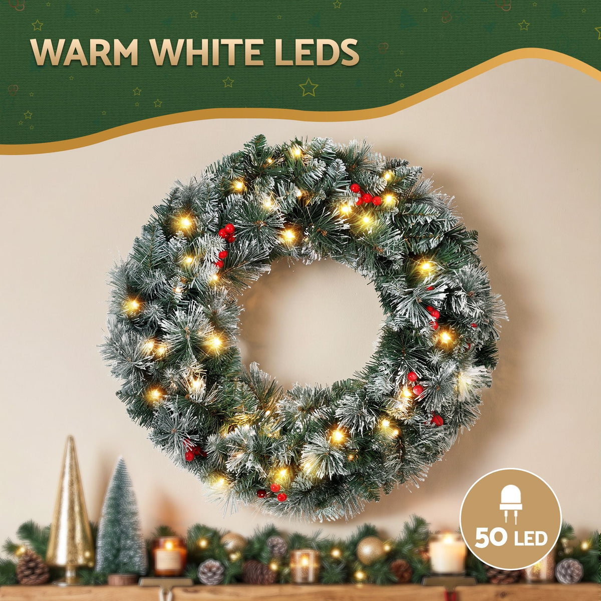 60cm Pre-lit Christmas Wreath with LED Lights and Snowy Berries - Red - Occasions > Christmas > Christmas Wreaths & Garlands - Rivercity House & Home Co. (ABN 18 642 972 209) - Affordable Modern Furniture Australia