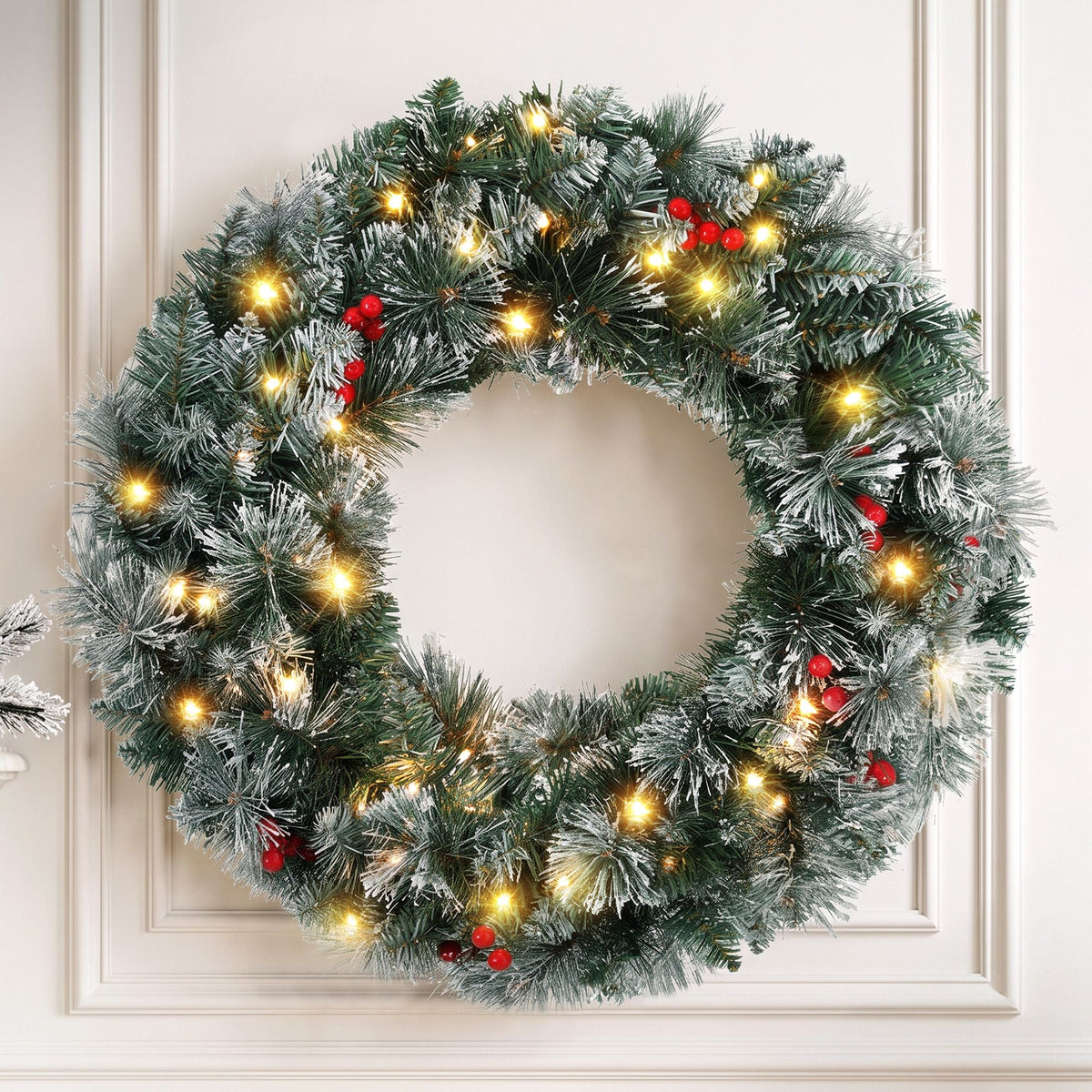 60cm Pre-lit Christmas Wreath with LED Lights and Snowy Berries - Red - Occasions > Christmas > Christmas Wreaths & Garlands - Rivercity House & Home Co. (ABN 18 642 972 209) - Affordable Modern Furniture Australia