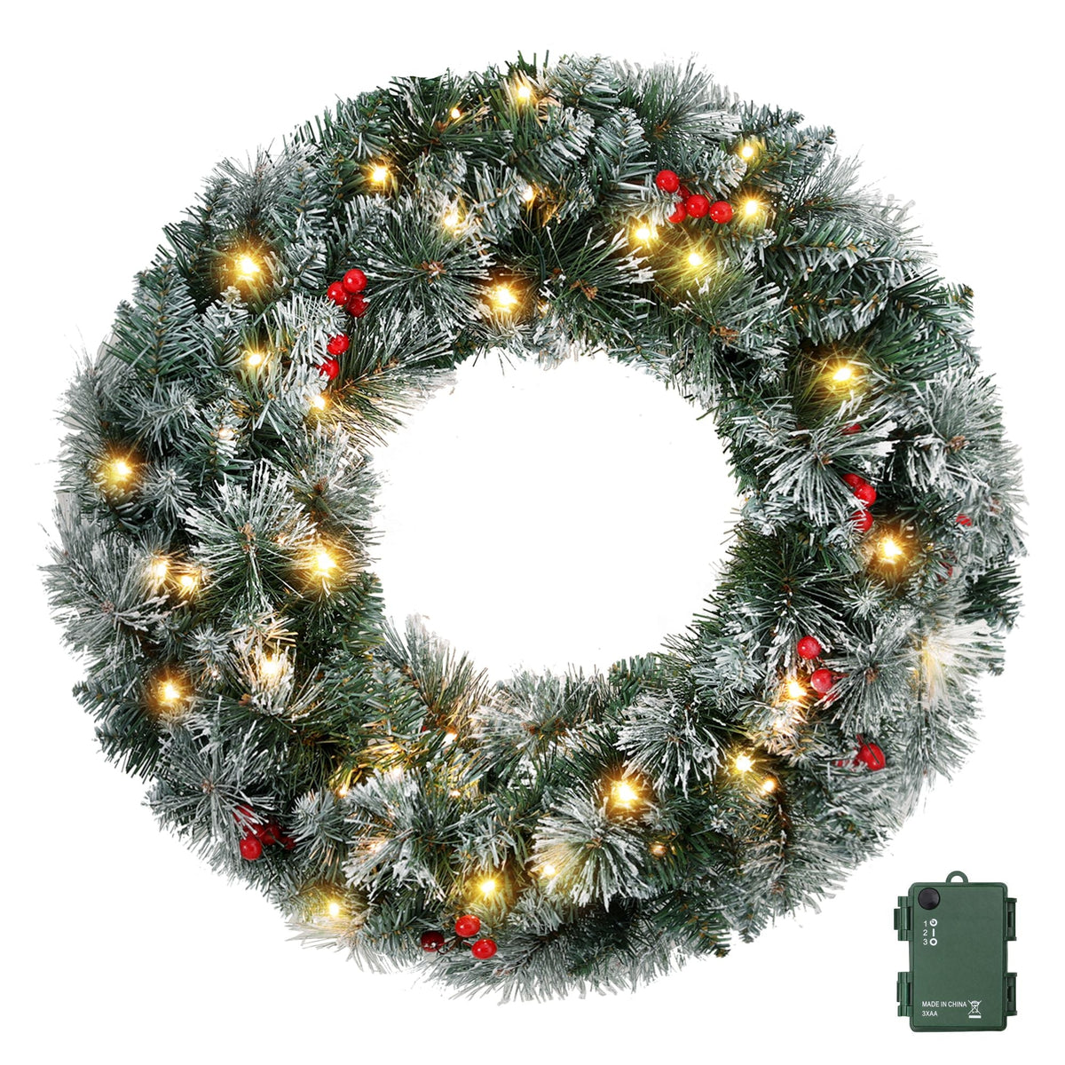 60cm Pre-lit Christmas Wreath with LED Lights and Snowy Berries - Red - Occasions > Christmas > Christmas Wreaths & Garlands - Rivercity House & Home Co. (ABN 18 642 972 209) - Affordable Modern Furniture Australia