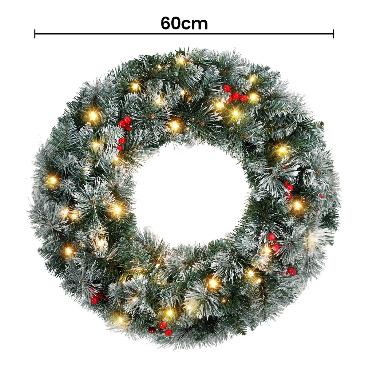 60cm Pre-lit Christmas Wreath with LED Lights and Snowy Berries - Red - Occasions > Christmas > Christmas Wreaths & Garlands - Rivercity House & Home Co. (ABN 18 642 972 209) - Affordable Modern Furniture Australia