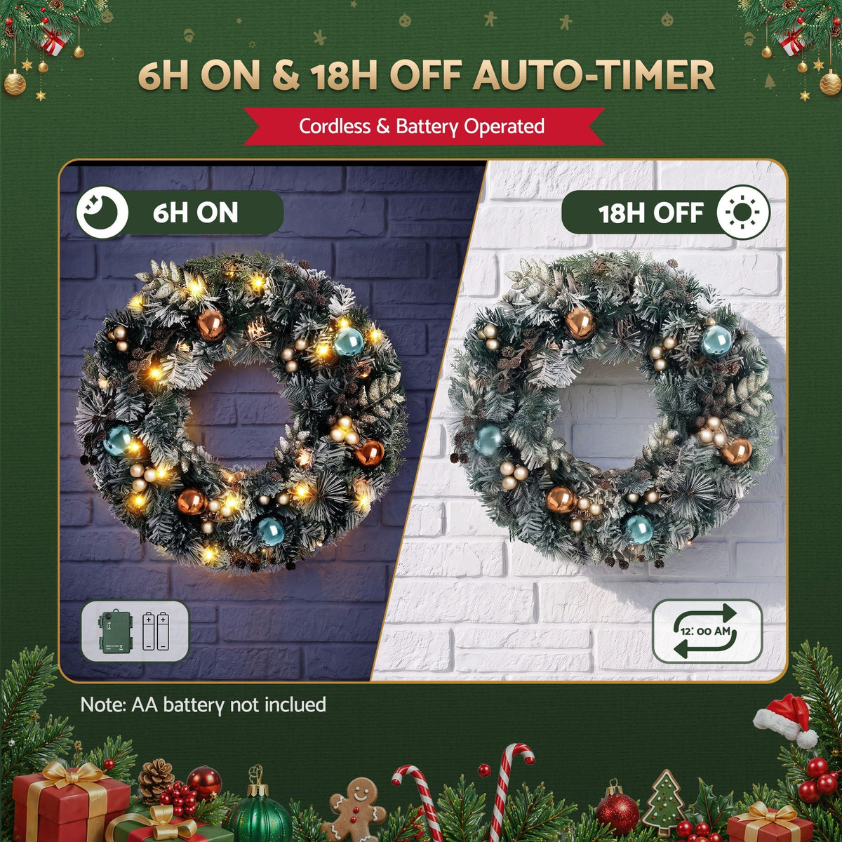 60cm Pre-Lit Christmas Wreath with Ornaments and Warm LED Lights - Green - Occasions > Christmas - Rivercity House & Home Co. (ABN 18 642 972 209) - Affordable Modern Furniture Australia
