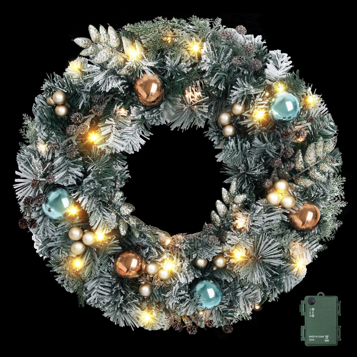 60cm Pre-Lit Christmas Wreath with Ornaments and Warm LED Lights - Green - Occasions > Christmas - Rivercity House & Home Co. (ABN 18 642 972 209) - Affordable Modern Furniture Australia