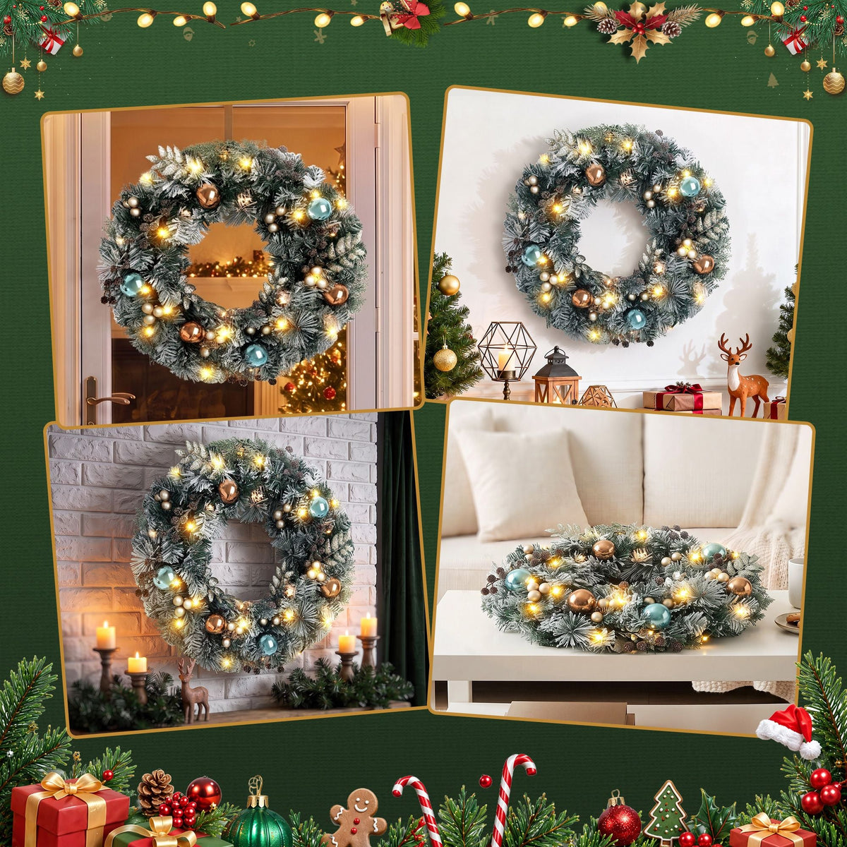 60cm Pre-Lit Christmas Wreath with Ornaments and Warm LED Lights - Green - Occasions > Christmas - Rivercity House & Home Co. (ABN 18 642 972 209) - Affordable Modern Furniture Australia