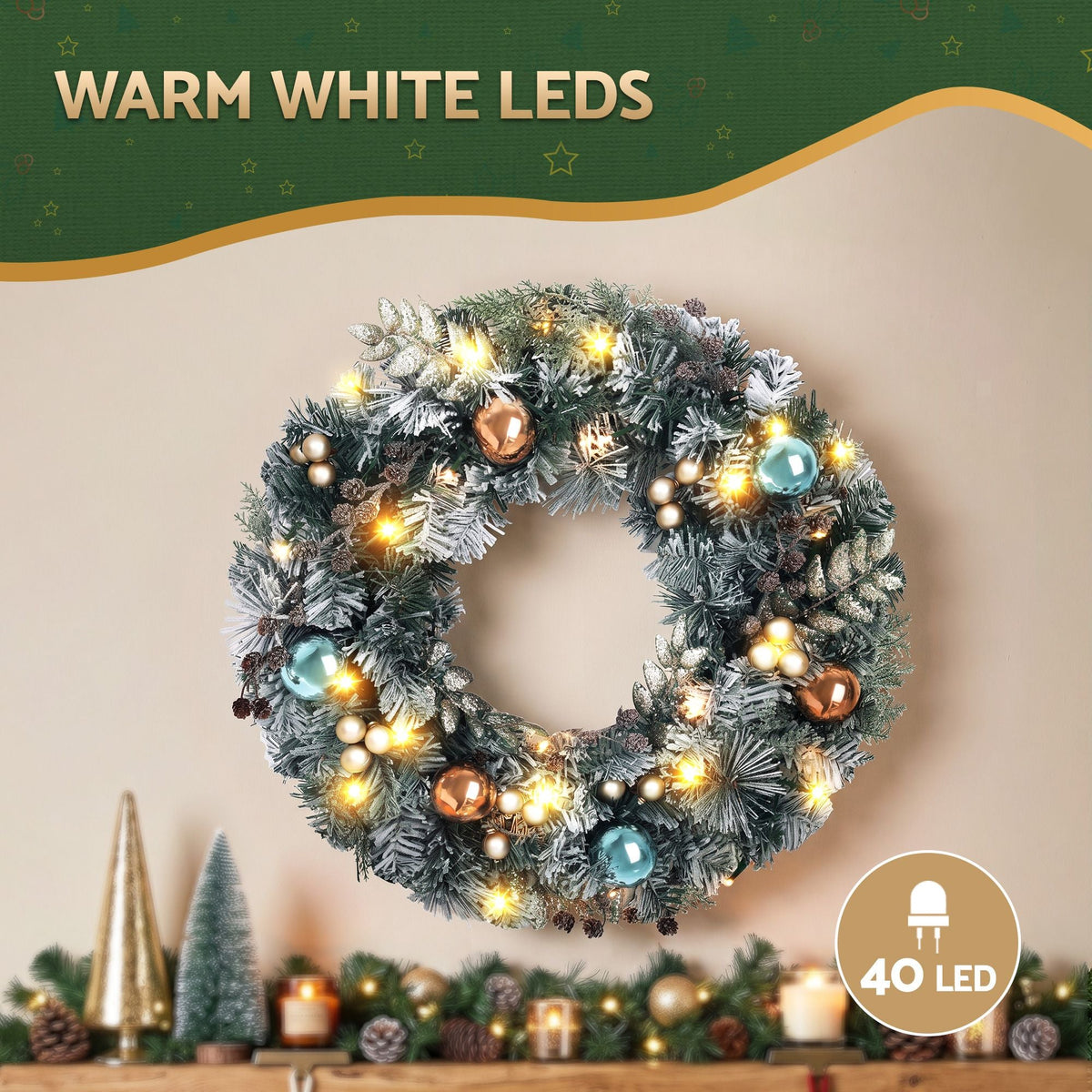 60cm Pre-Lit Christmas Wreath with Ornaments and Warm LED Lights - Green - Occasions > Christmas - Rivercity House & Home Co. (ABN 18 642 972 209) - Affordable Modern Furniture Australia