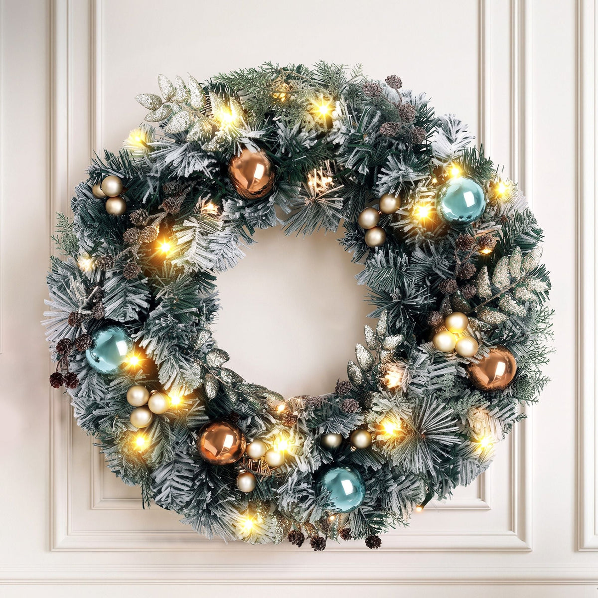 60cm Pre-Lit Christmas Wreath with Ornaments and Warm LED Lights - Green - Occasions > Christmas - Rivercity House & Home Co. (ABN 18 642 972 209) - Affordable Modern Furniture Australia