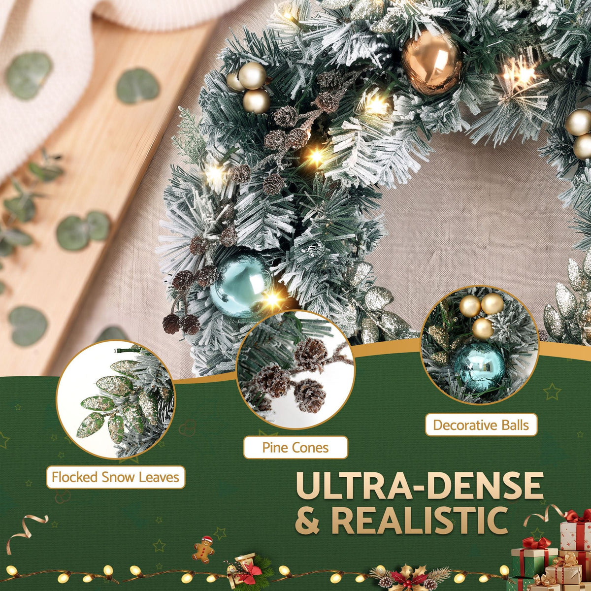 60cm Pre-Lit Christmas Wreath with Ornaments and Warm LED Lights - Green - Occasions > Christmas - Rivercity House & Home Co. (ABN 18 642 972 209) - Affordable Modern Furniture Australia