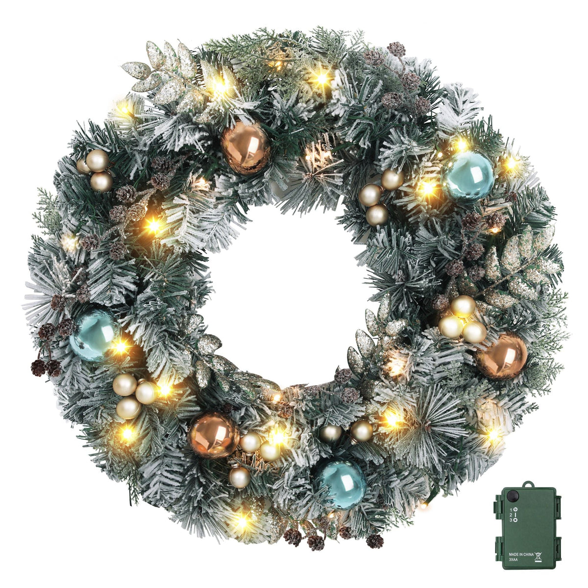 60cm Pre-Lit Christmas Wreath with Ornaments and Warm LED Lights - Green - Occasions > Christmas - Rivercity House & Home Co. (ABN 18 642 972 209) - Affordable Modern Furniture Australia