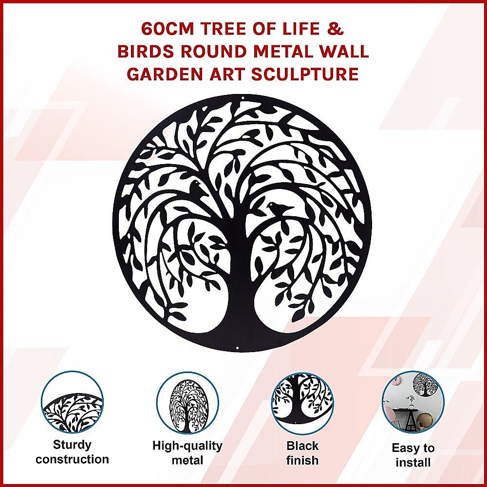 60cm Round Tree of Life and Birds Metal Wall Art Sculpture - Black - Home & Garden > Decor > Garden Ornaments - Rivercity House & Home Co. (ABN 18 642 972 209) - Affordable Modern Furniture Australia
