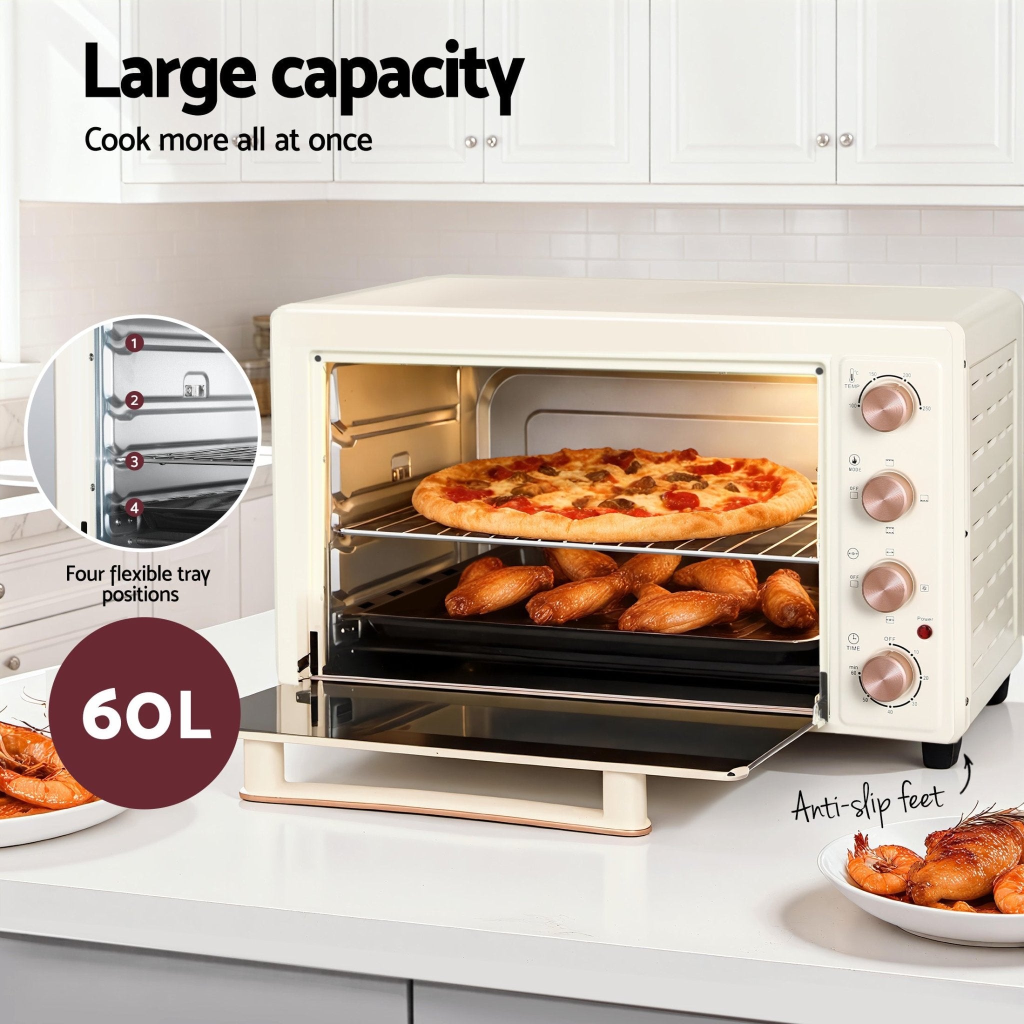 60L Convection Oven Electric Fryer Ovens 2000W Cream - Appliances > Kitchen Appliances > Ovens - Rivercity House & Home Co. (ABN 18 642 972 209) - Affordable Modern Furniture Australia