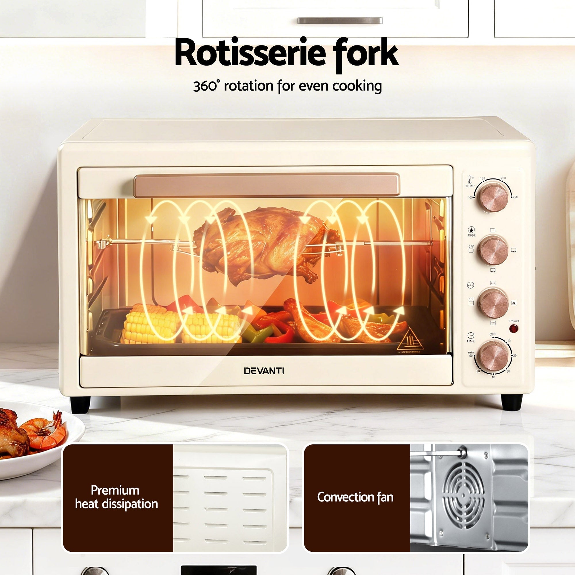 60L Convection Oven Electric Fryer Ovens 2000W Cream - Appliances > Kitchen Appliances > Ovens - Rivercity House & Home Co. (ABN 18 642 972 209) - Affordable Modern Furniture Australia