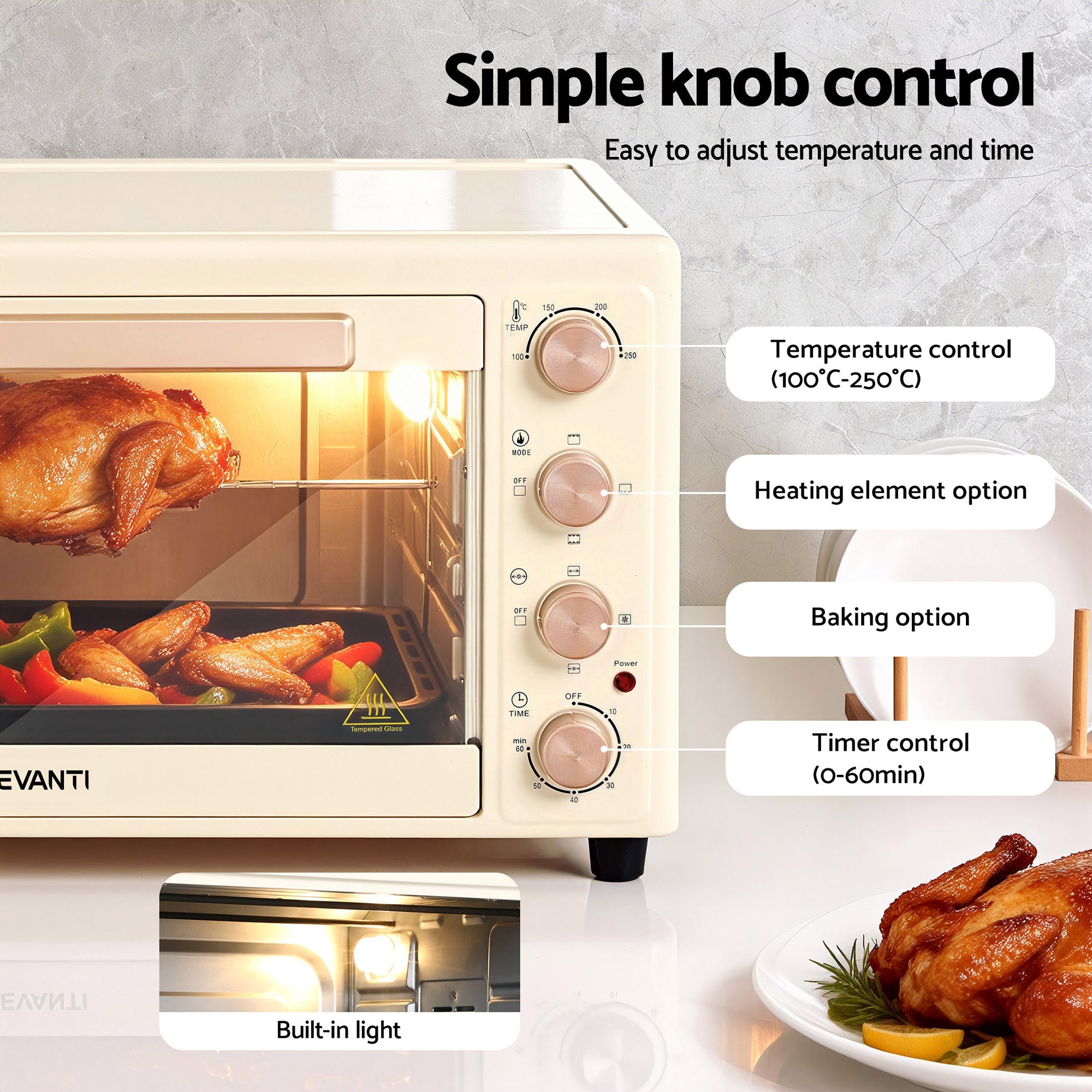 60L Convection Oven Electric Fryer Ovens 2000W Cream - Appliances > Kitchen Appliances > Ovens - Rivercity House & Home Co. (ABN 18 642 972 209) - Affordable Modern Furniture Australia