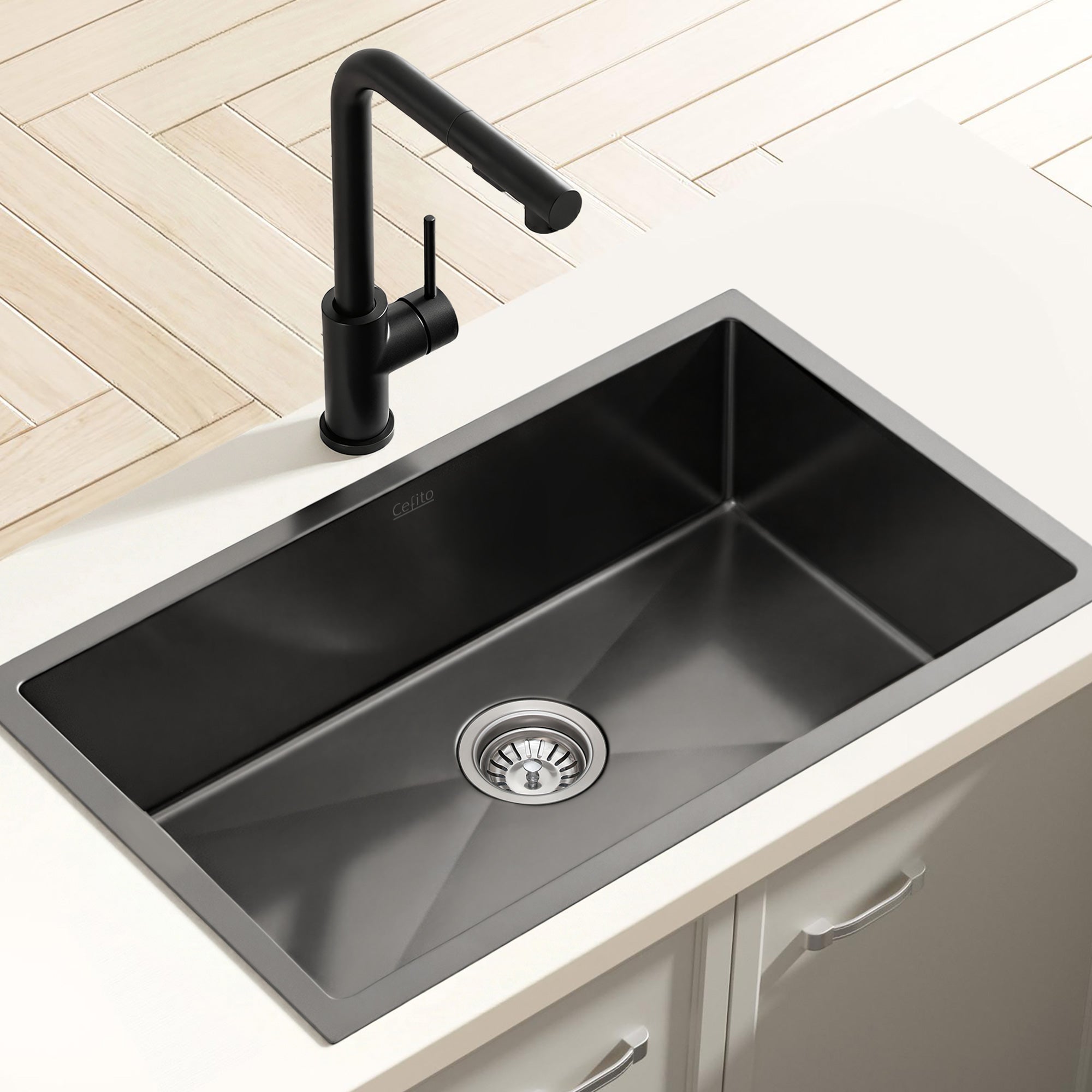 60x45cm Stainless Steel Single Bowl Kitchen Sink with Pull - Out Mixer Tap - Black - Furniture > Dining > Kitchen Sinks - Rivercity House & Home Co. (ABN 18 642 972 209) - Affordable Modern Furniture Australia