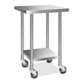 610x610mm Stainless Steel Kitchen Bench with Lockable Wheels - Silver