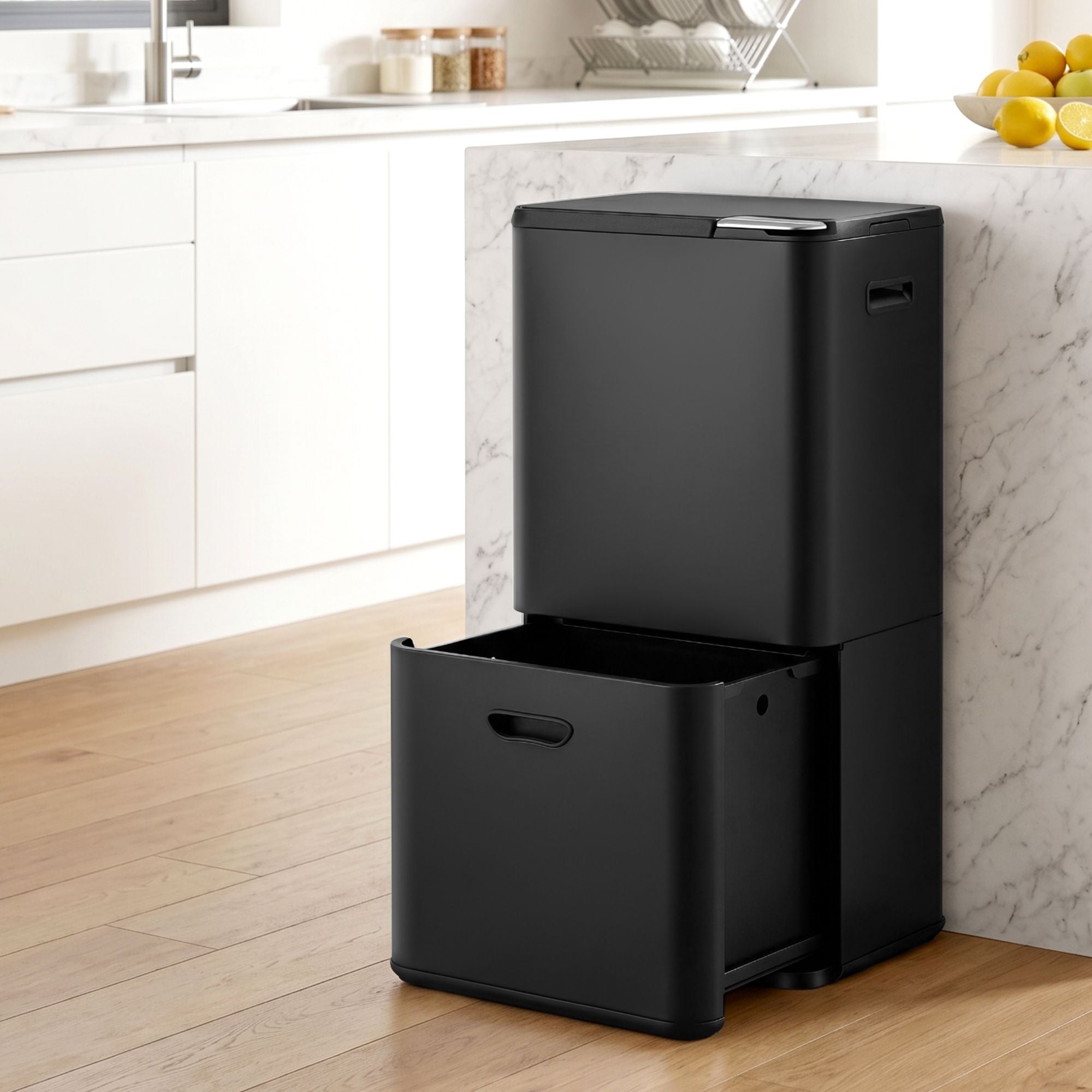 63L 3-Compartment Carbon Steel Split Door Rubbish Bin - Black - Home & Garden > Kitchen Bins > Pull Out Bins - Rivercity House & Home Co. (ABN 18 642 972 209) - Affordable Modern Furniture Australia