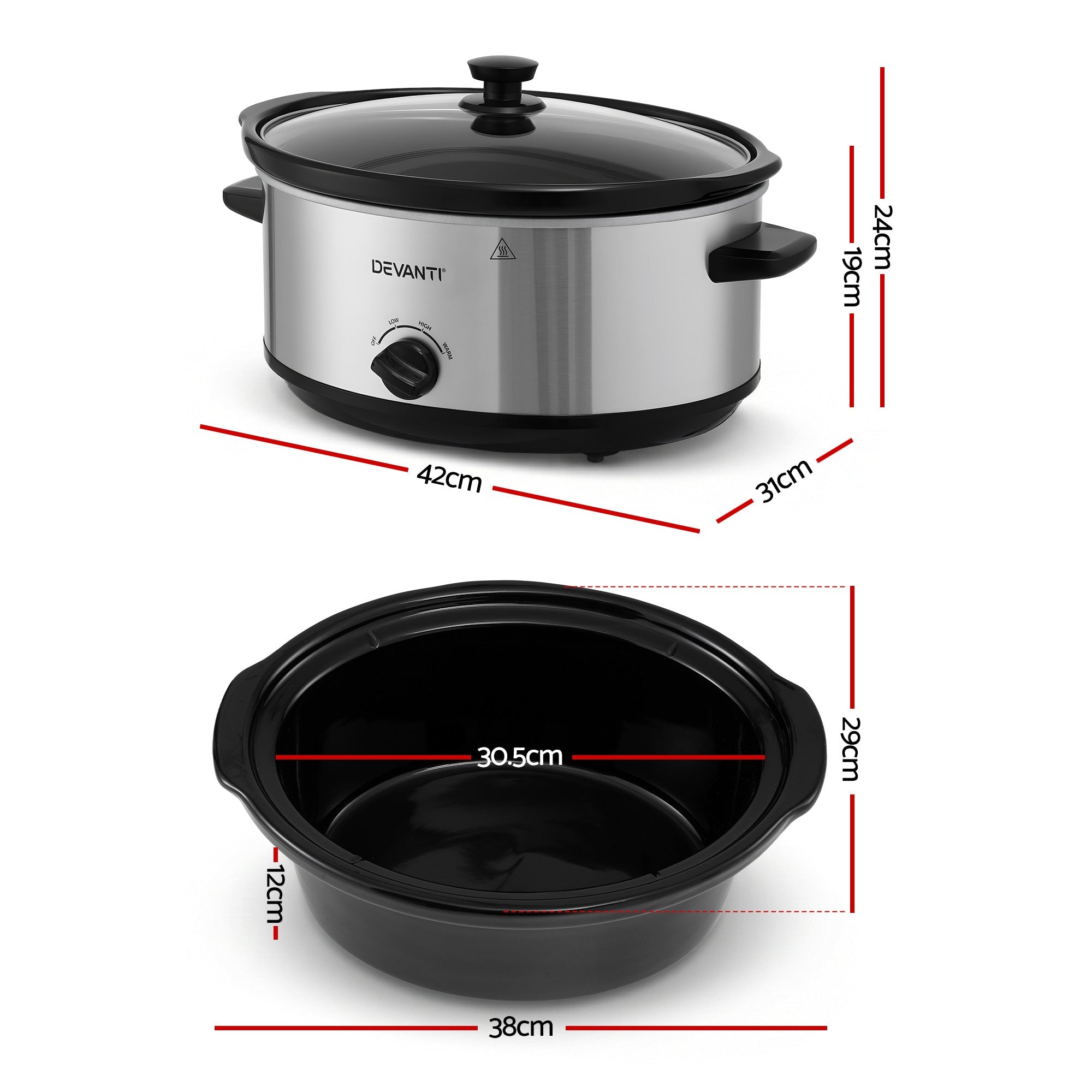 6.5L Electric Slow Cooker Multi Cooker with 3 Heat Settings & Keep Warm - Silver - Appliances > Kitchen Appliances > Rice Cookers & Steamers - Rivercity House & Home Co. (ABN 18 642 972 209) - Affordable Modern Furniture Australia