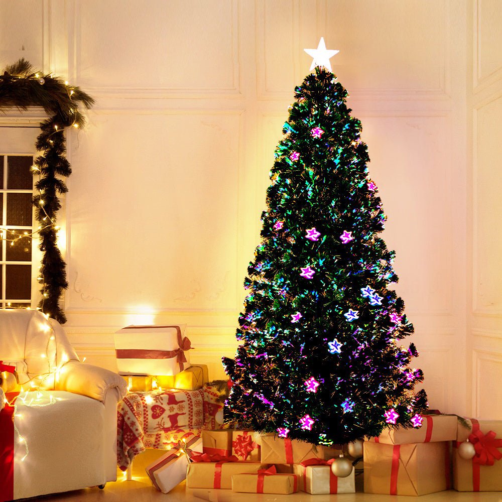 6FT / 1.8M Fibre Optic Christmas Tree - 250 Tips - Pre-lit Multi-Colour LED Lights with LED Star Topper & 38 Fibre Optic Stars - Green - Occasions - Rivercity House & Home Co. (ABN 18 642 972 209) - Affordable Modern Furniture Australia