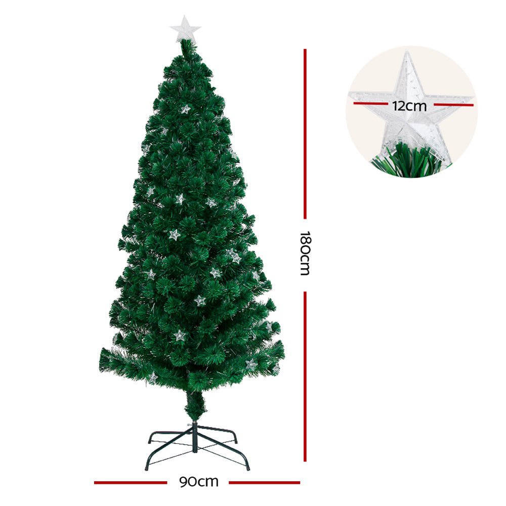6FT / 1.8M Fibre Optic Christmas Tree - 250 Tips - Pre-lit Multi-Colour LED Lights with LED Star Topper & 38 Fibre Optic Stars - Green - Occasions - Rivercity House & Home Co. (ABN 18 642 972 209) - Affordable Modern Furniture Australia