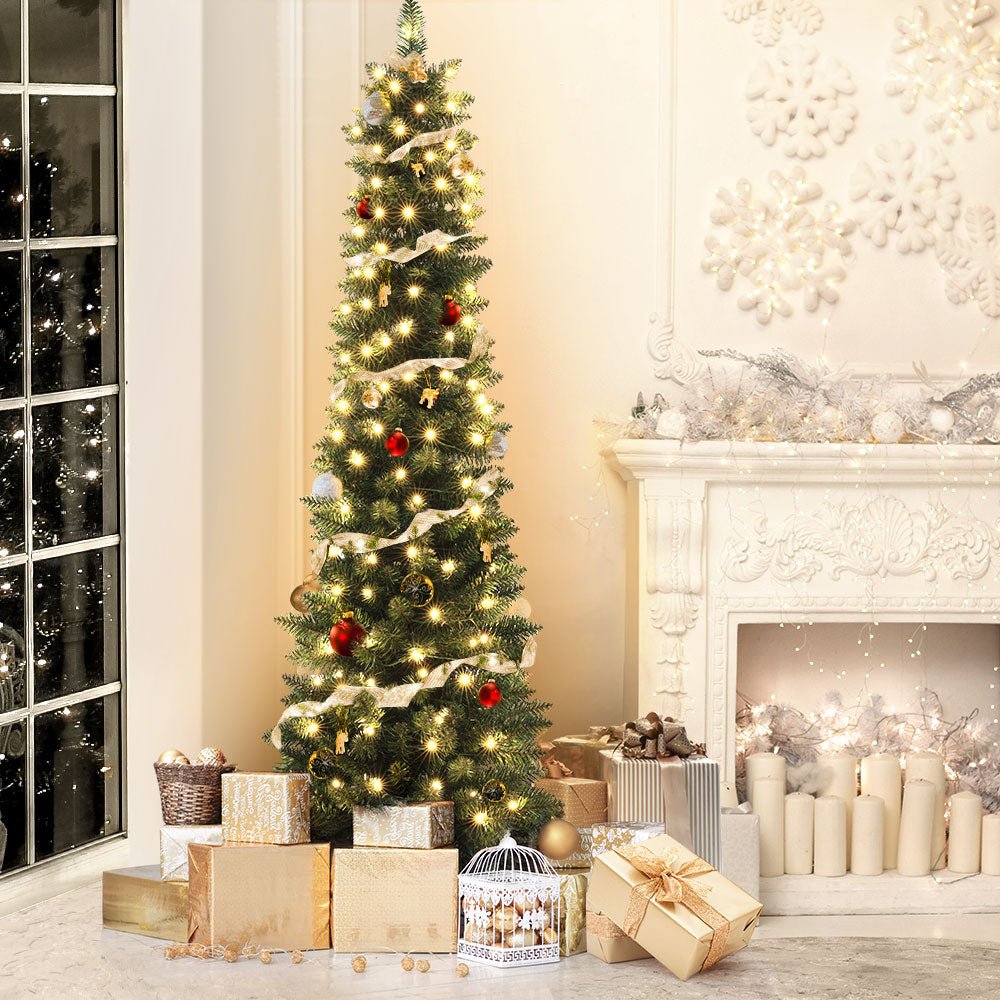 6FT / 1.8M Slim Christmas Tree - 300 Tips - Pre-lit 200 Warm White LED Lights - Green - Occasions > Christmas - Rivercity House & Home Co. (ABN 18 642 972 209) - Affordable Modern Furniture Australia