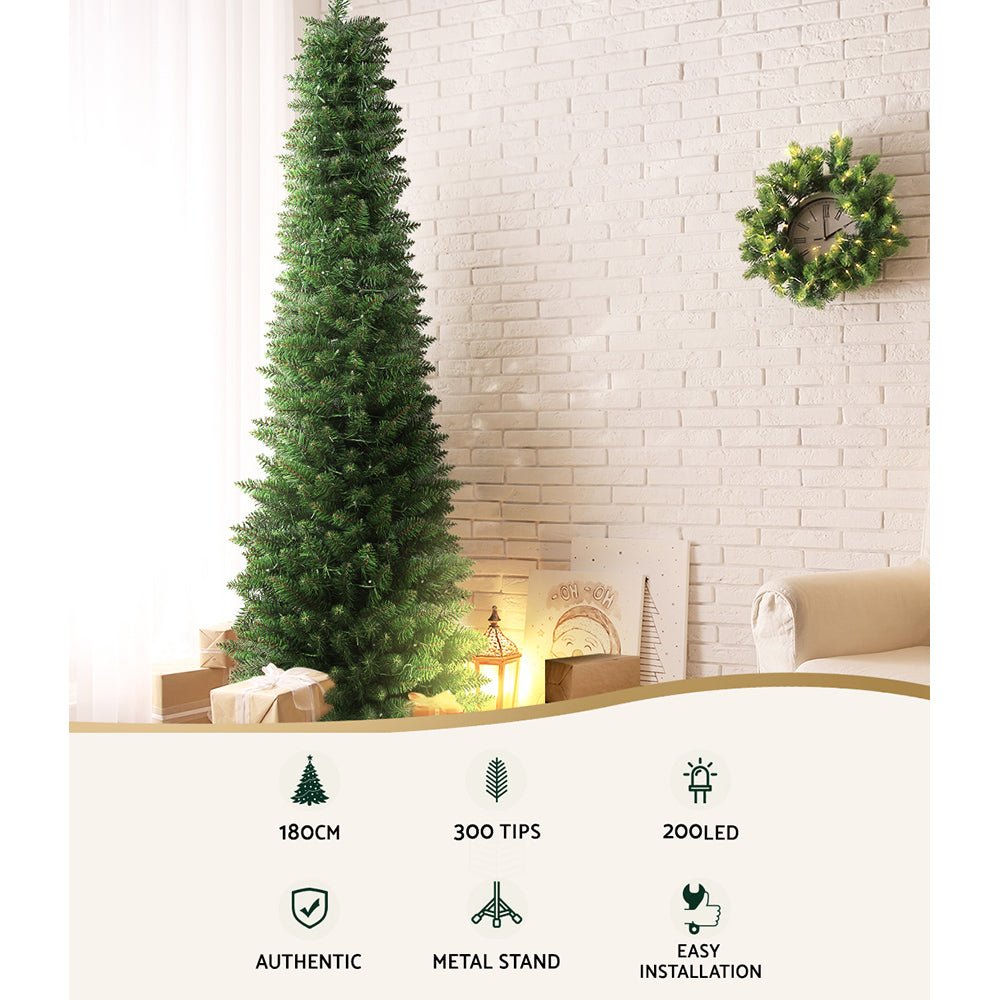 6FT / 1.8M Slim Christmas Tree - 300 Tips - Pre-lit 200 Warm White LED Lights - Green - Occasions > Christmas - Rivercity House & Home Co. (ABN 18 642 972 209) - Affordable Modern Furniture Australia