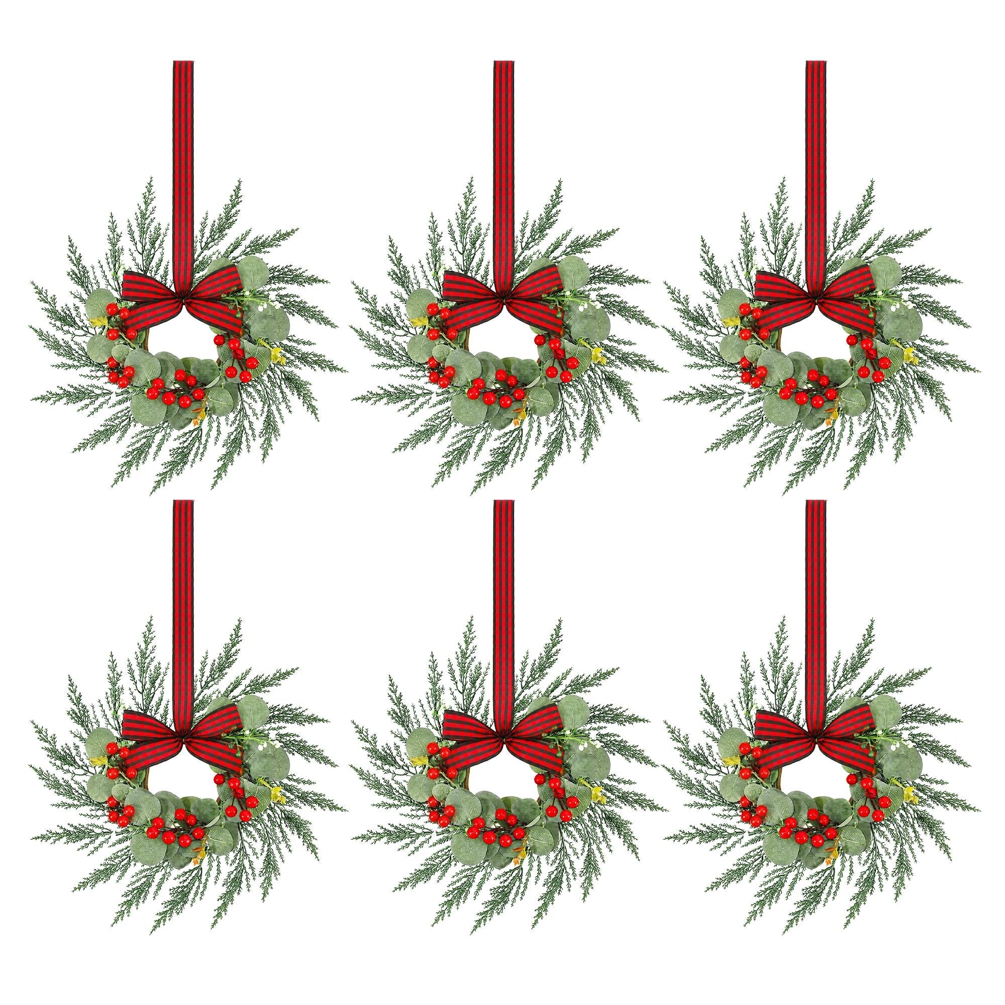 6x Christmas Wreath Garland 26cm Pre-lit Wreaths Red Berries Bow - Occasions > Christmas > Christmas Wreaths & Garlands - Rivercity House & Home Co. (ABN 18 642 972 209) - Affordable Modern Furniture Australia