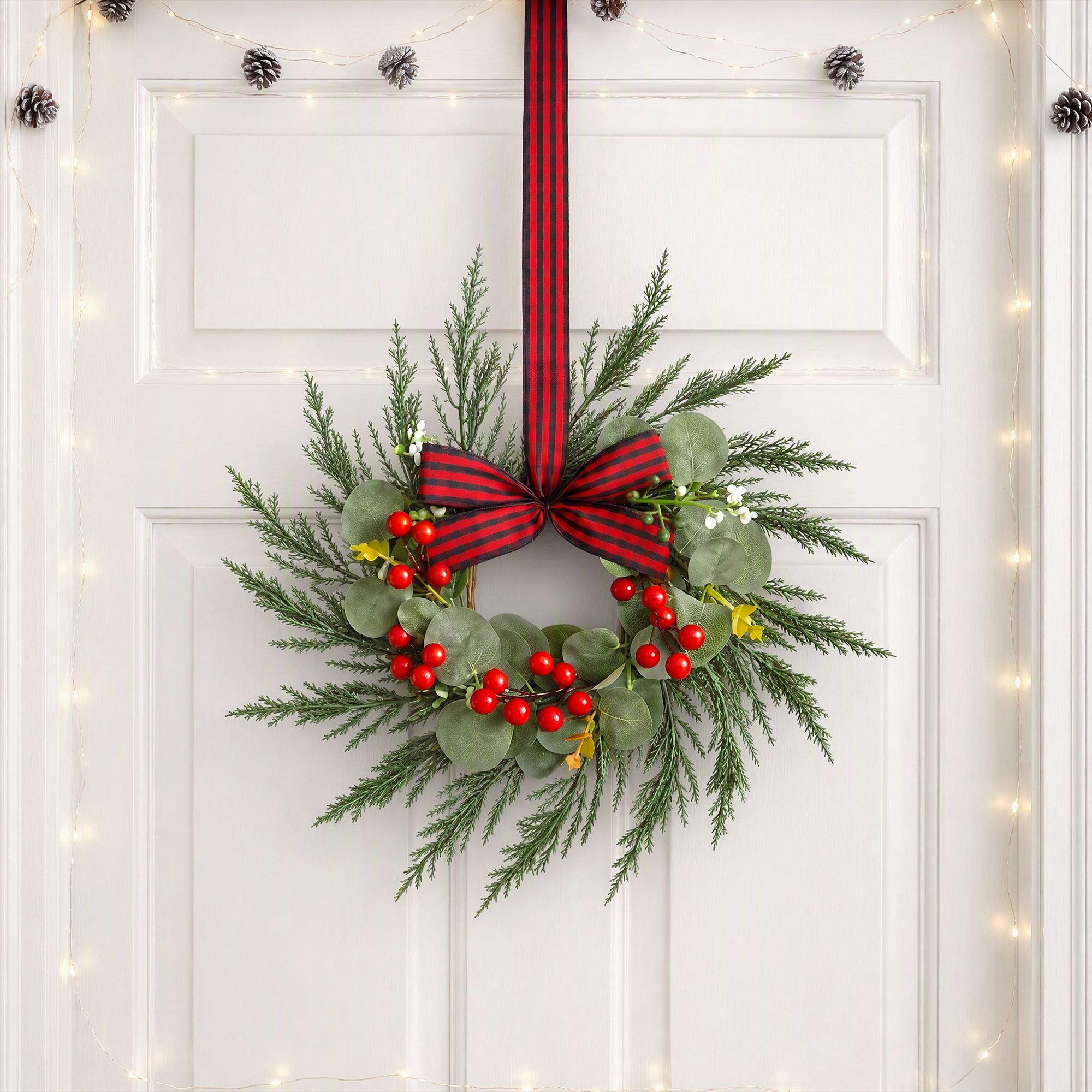 6x Christmas Wreath Garland 26cm Pre-lit Wreaths Red Berries Bow - Occasions > Christmas > Christmas Wreaths & Garlands - Rivercity House & Home Co. (ABN 18 642 972 209) - Affordable Modern Furniture Australia