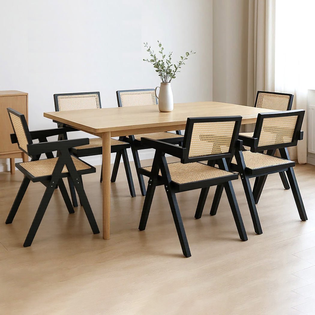 6x Solid Wood Rattan Armchair Dining Chairs - Black - Rivercity House & Home Co. (ABN 18 642 972 209) - Affordable Modern Furniture Australia